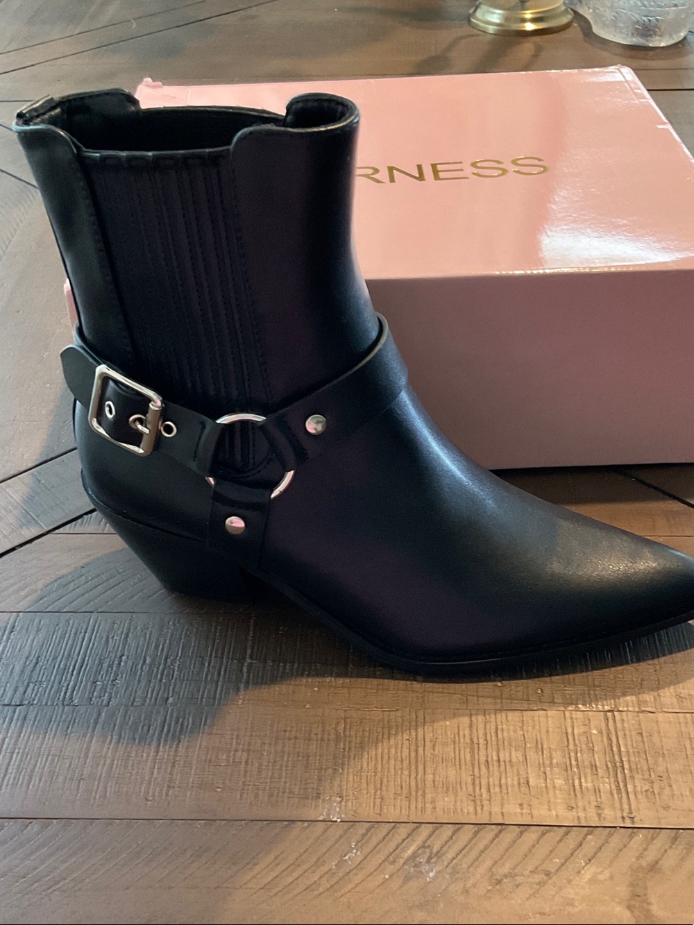 Black Harness-Style Leather Ankle Boot with Buckle Detail